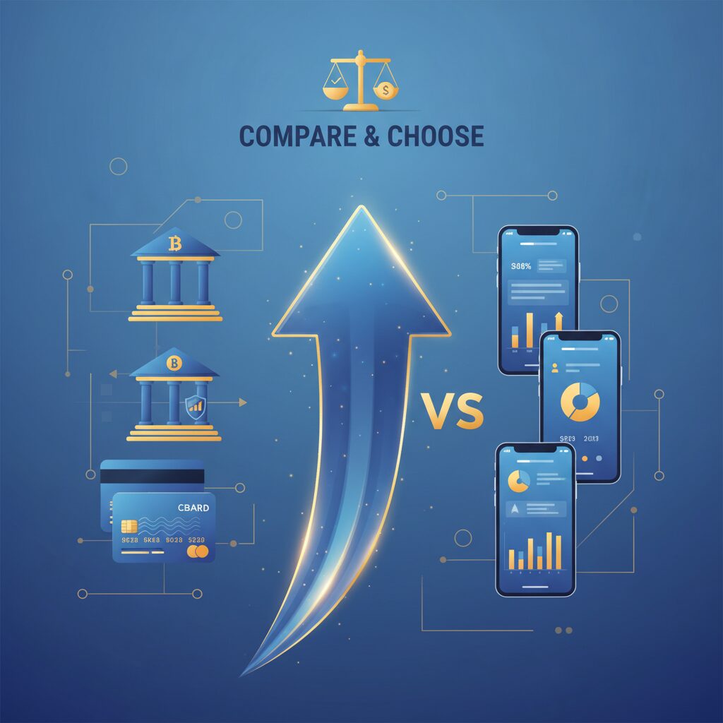 銀行カードローン、消費者金融、クレジットカードのキャッシング金利を比較するイメージ図