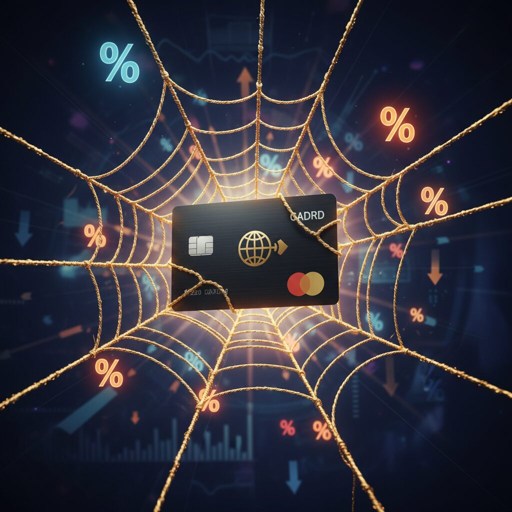 クレジットカードが金色のクモの巣に囚われ、周囲にパーセンテージ記号が漂う、借金の罠を象徴するイメージ画像