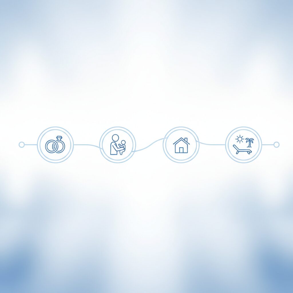 ライフステージのタイムラインと保険見直しの重要性を表す概念図