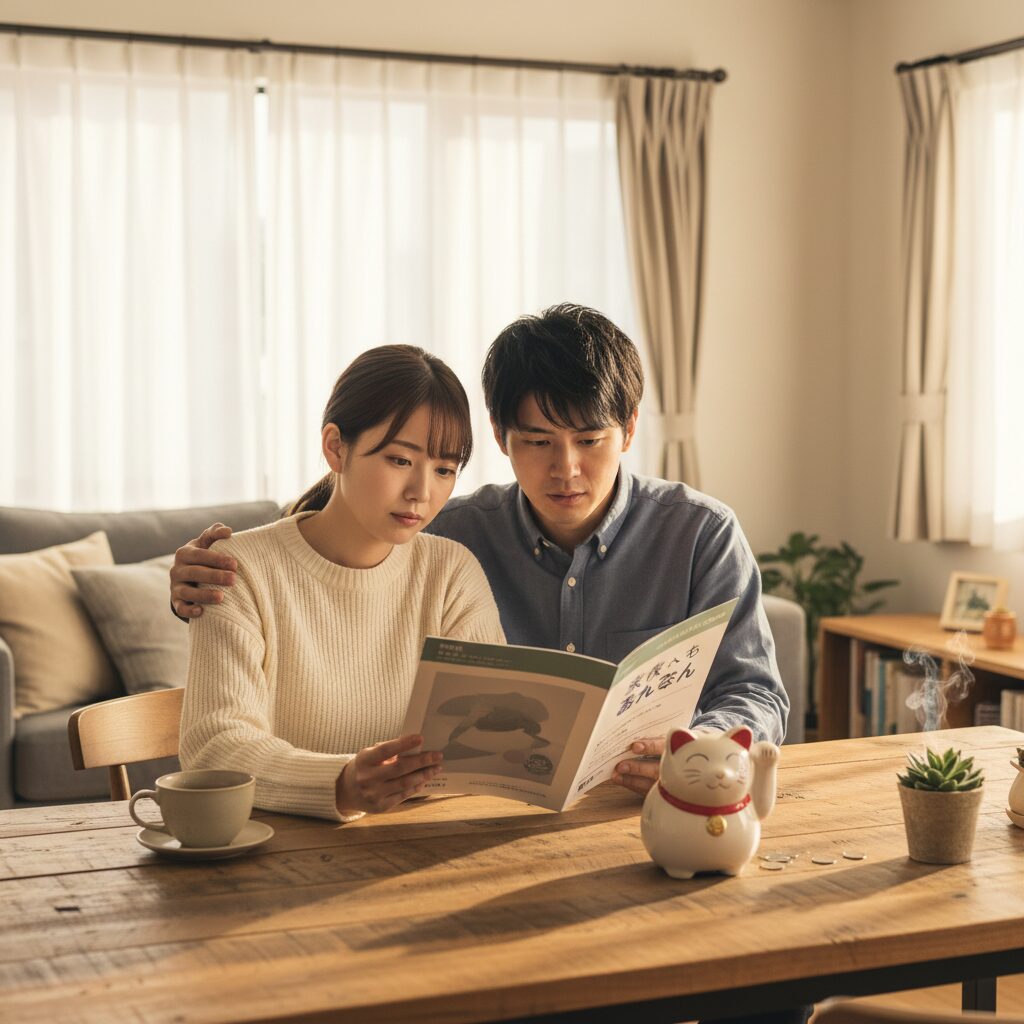 学資保険のパンフレットと貯金箱を前に悩む夫婦のイメージ