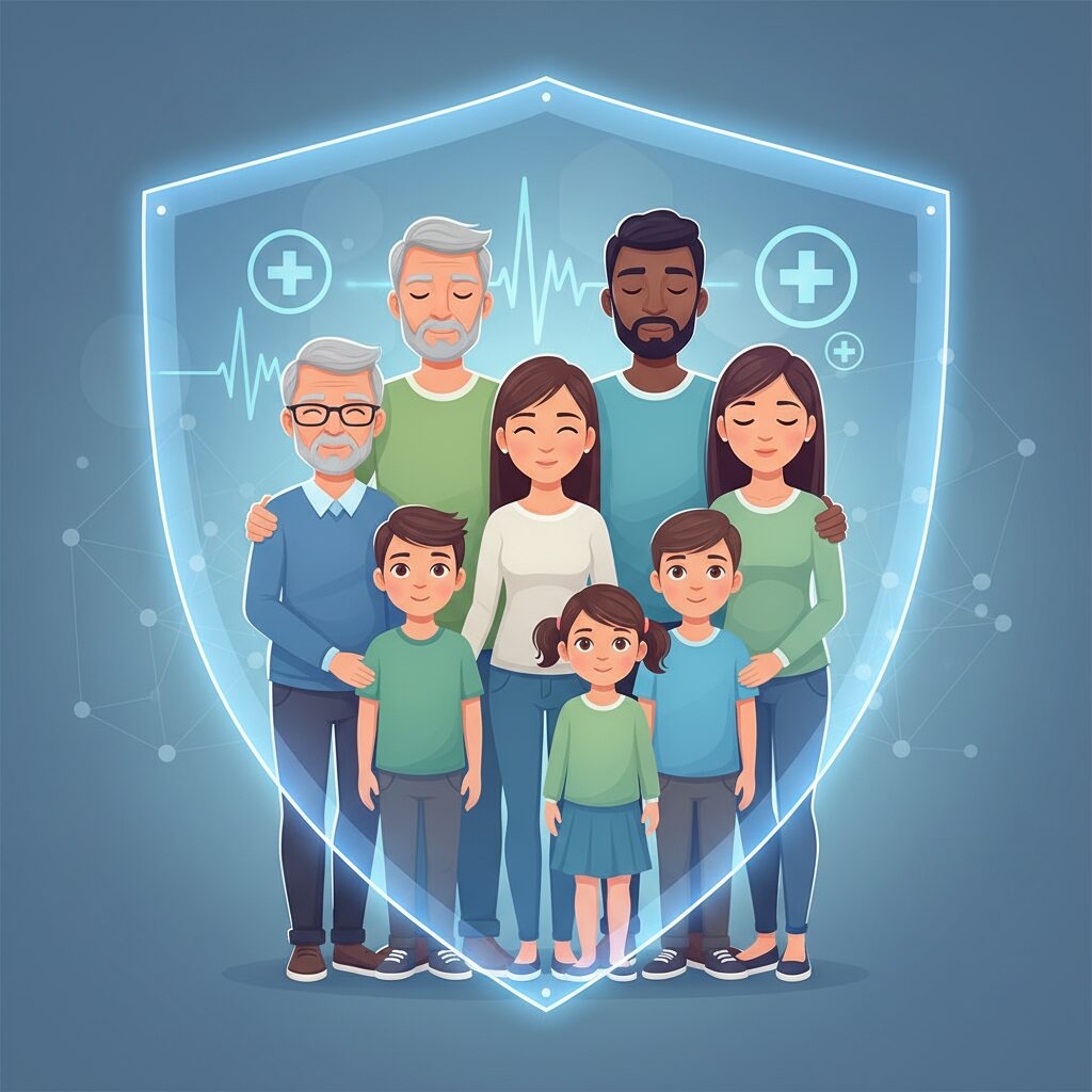 安心した表情の家族と、それを見守る医療保険のシールドのイラスト