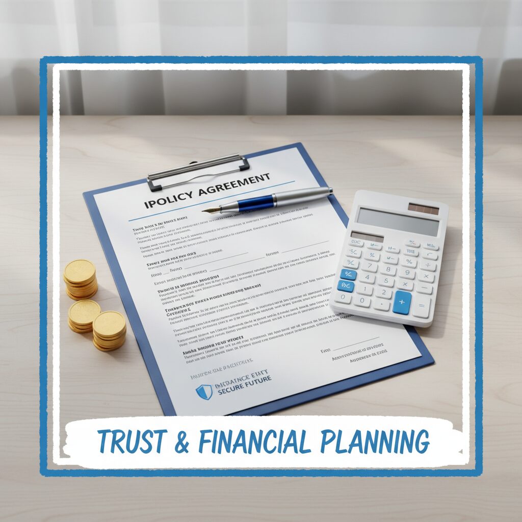 保険の証書と電卓、そして現金の重なりを表現した、将来設計と経済的決断をイメージさせるビジュアル