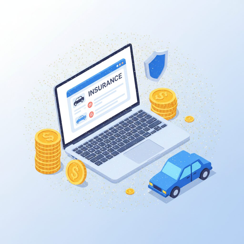 A glowing laptop screen displaying car insurance comparison charts with shiny gold coins and a shield icon, representing savings and security.