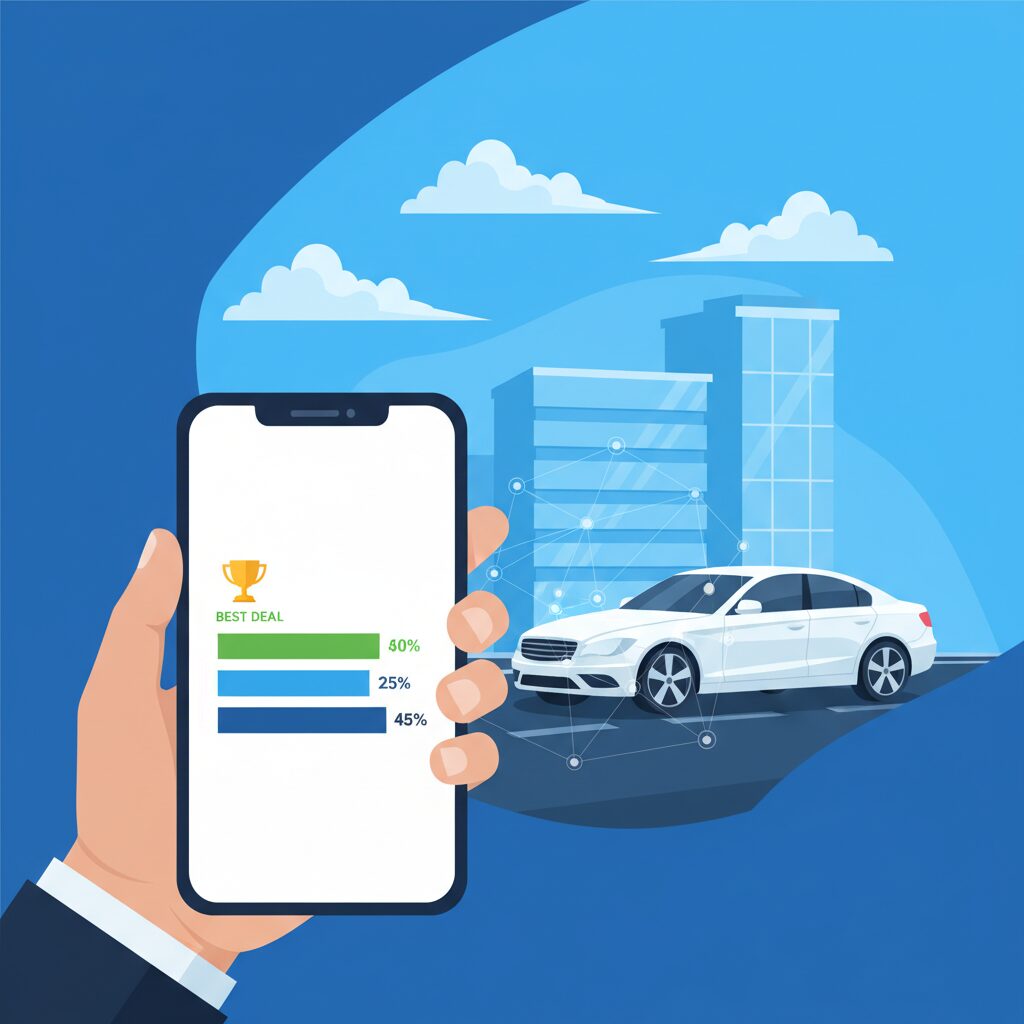 自動車保険の比較ランキングをイメージした、明るく清潔感のあるビジネスイラスト。スマートフォンに保険料の比較グラフが表示され、背後には安全運転を象徴する白い車と安心感を与える青い空が広がっている。