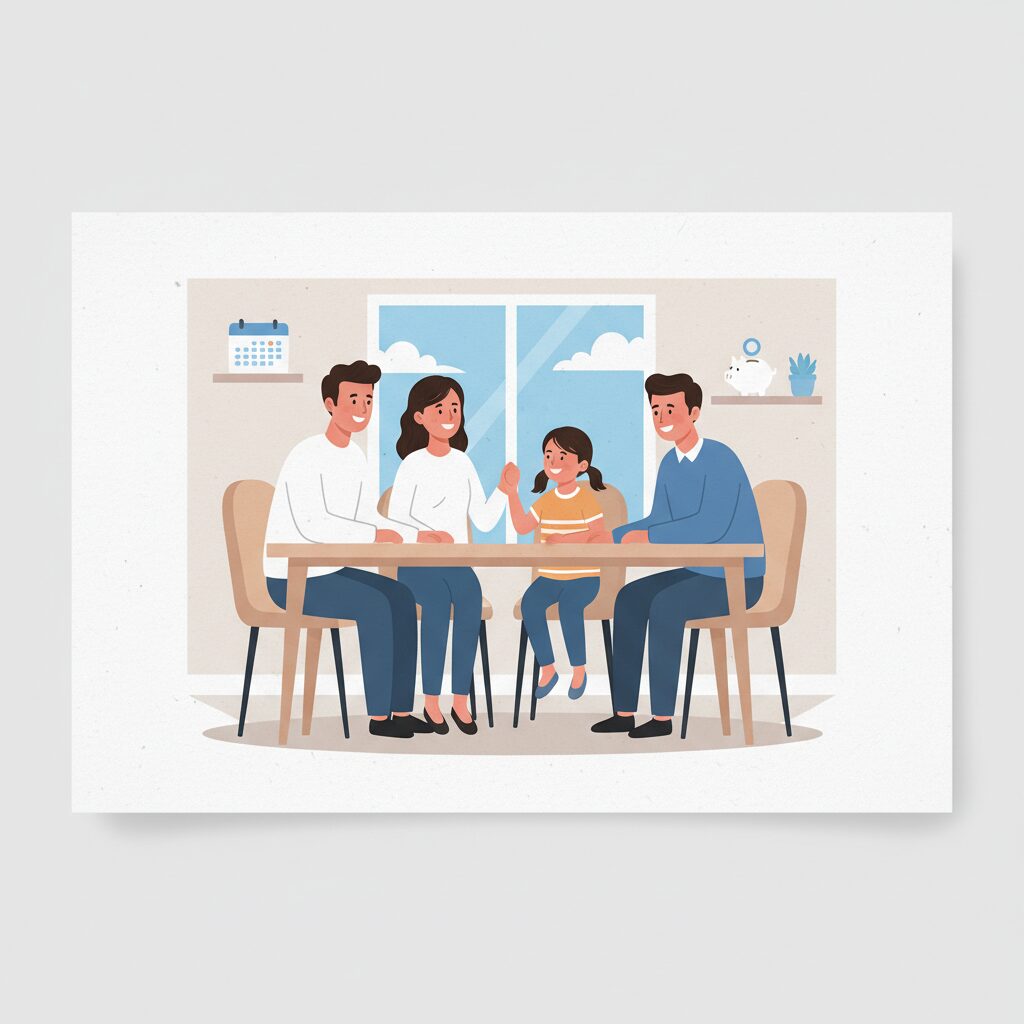 Family sitting in a bright living room, symbolizing financial security through income protection insurance.