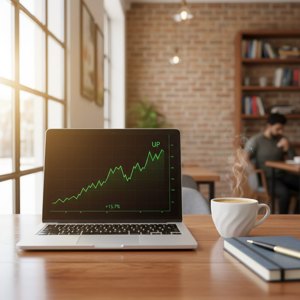 明るいカフェでパソコンを開き、株価チャートを確認しながらノートに投資計画を立てる初心者の様子