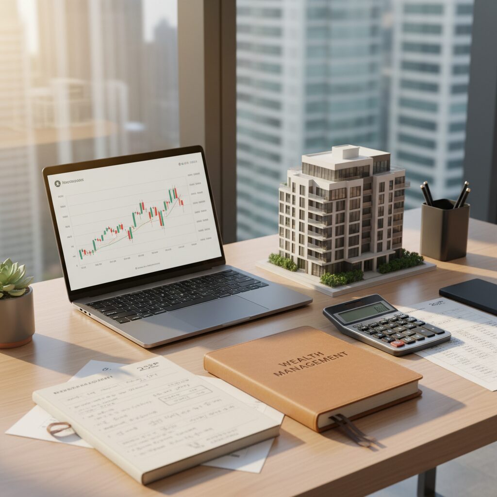 A professional workspace with a laptop, a miniature house model, and a calculator, representing real estate investment as a side job for office workers.