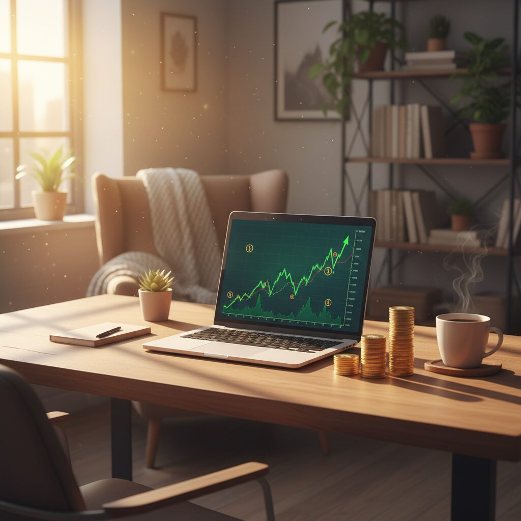 穏やかな光が差し込む部屋で、パソコンの画面に上昇する株価チャートが表示され、机の上には積み上げられた金貨とコーヒーが置かれている様子