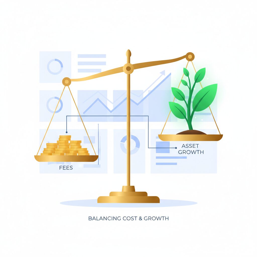 投資信託の手数料とコスト削減をイメージした天秤と資産成長のイラスト
