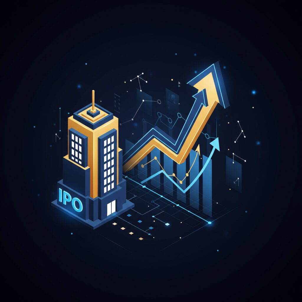IPO投資の成功をイメージした、上昇グラフとデジタルチャートのイラスト