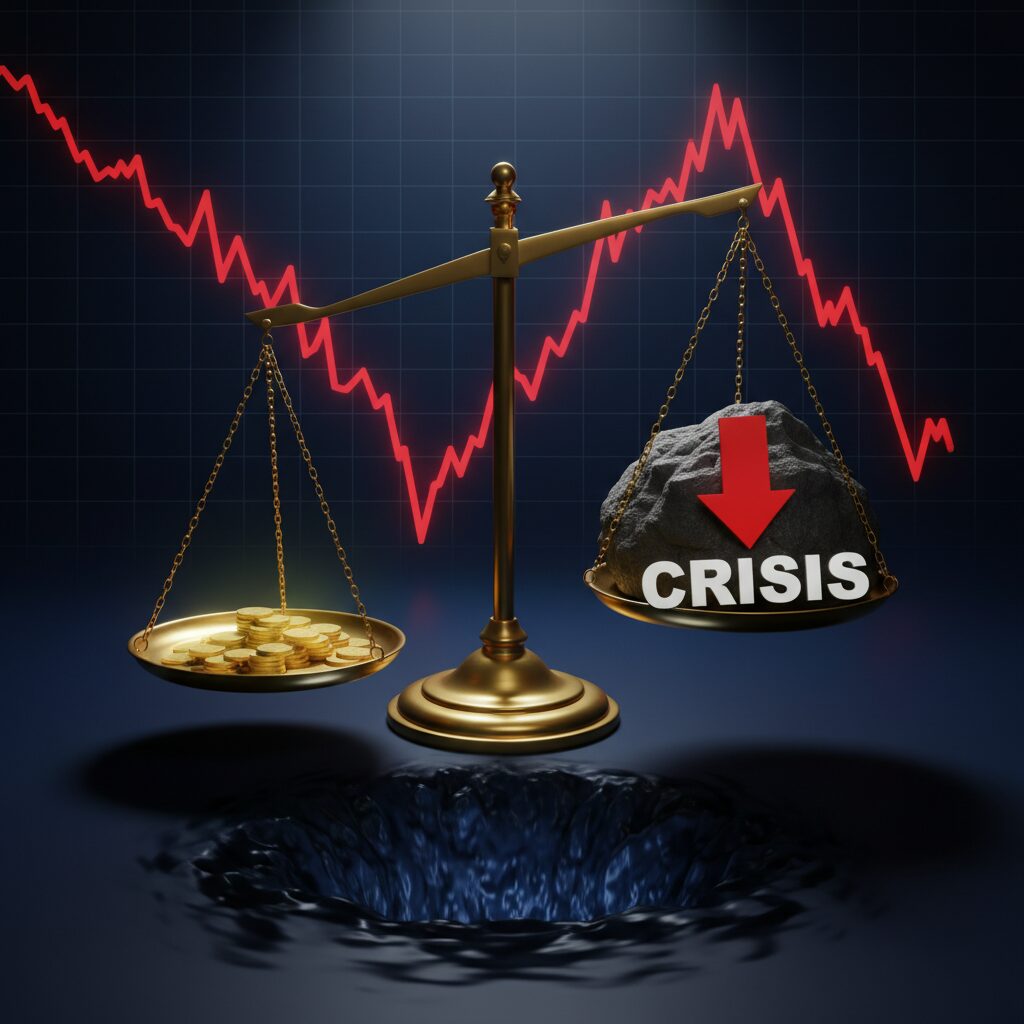 金貨の天秤が闇に沈む様子と赤い下落チャートの背景