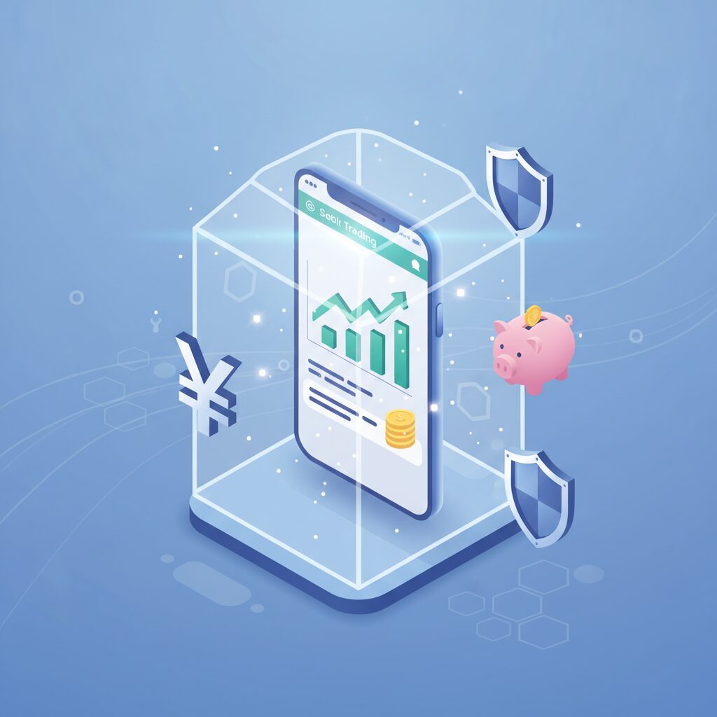 NISA口座を比較するスマートフォンの画面と資産運用の成長を表すグラフのイラスト