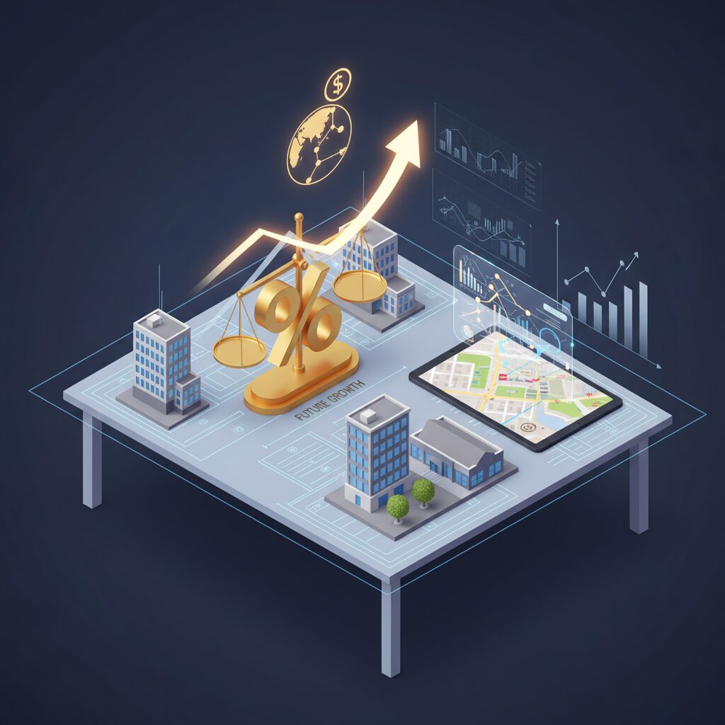 A conceptual illustration of real estate investment showing a balance between a modern building and a golden percentage symbol on a wooden desk with financial charts.