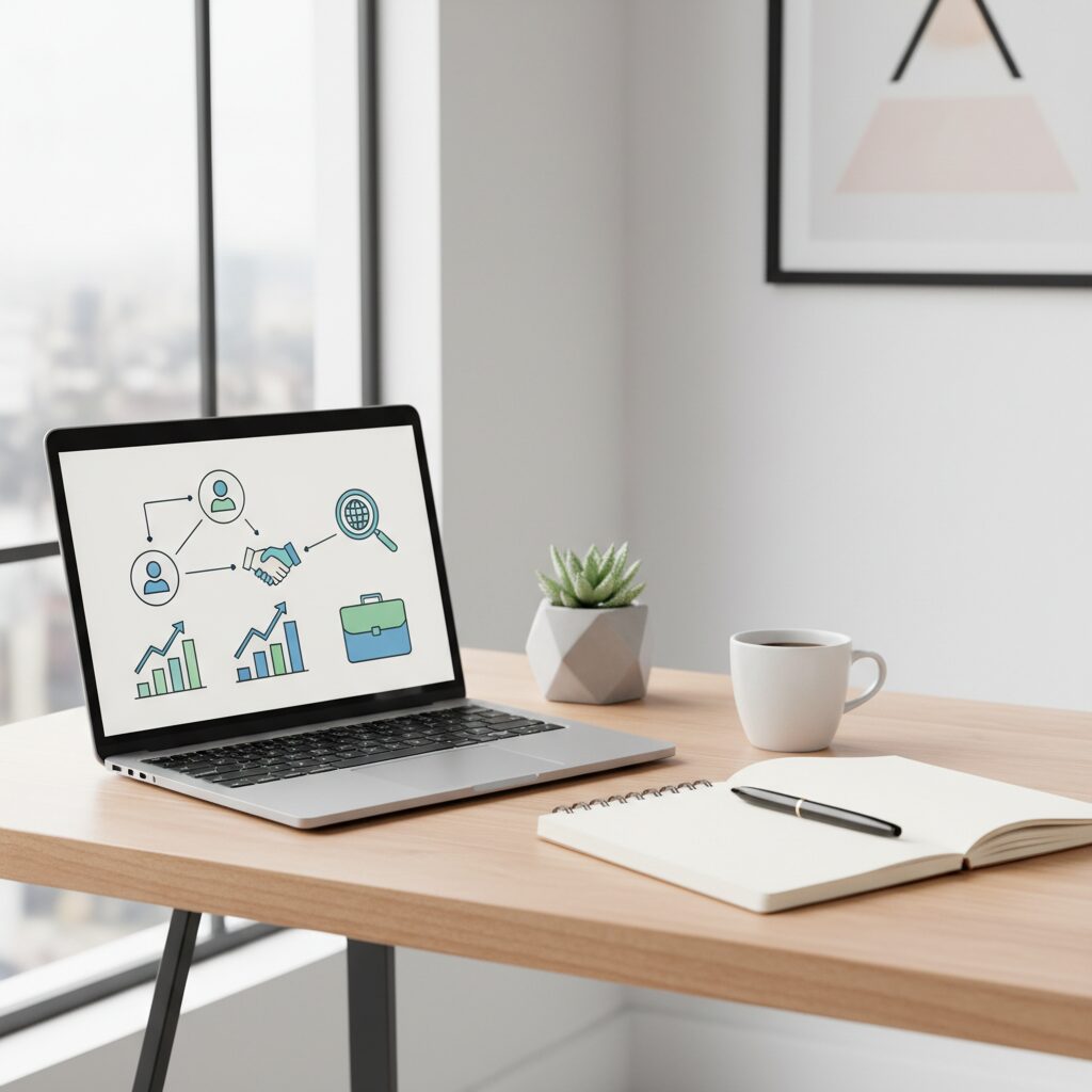 木目調のデスクに置かれたラップトップ、ノート、コーヒーカップ。画面にはキャリア成長のグラフが表示されているイメージ
