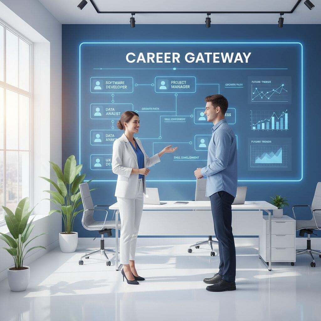 転職エージェントのキャリアアドバイザーと笑顔で面談する求職者のイラスト。背景には求人情報のデータパネルが浮かび、成功への道筋を表現している。