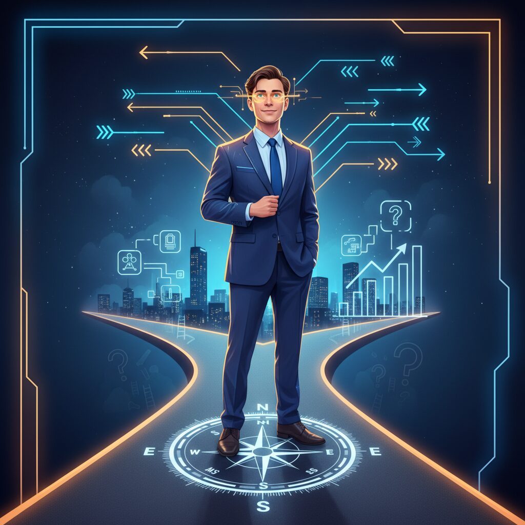 A professional person standing at a crossroads looking towards a bright future in the IT and marketing industry, symbolizing a successful career change.
