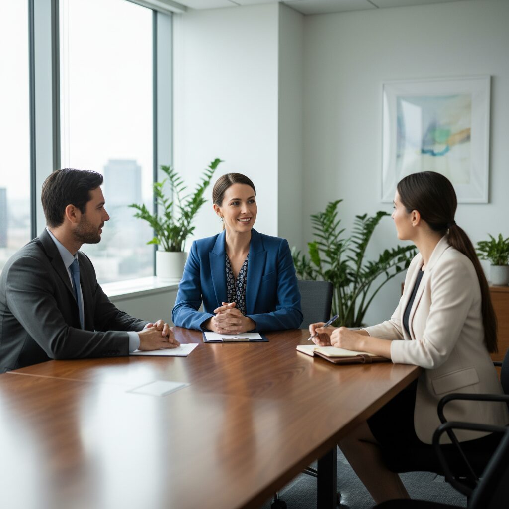 明るいオフィスで自信を持って面接に臨む応募者と面接官の様子