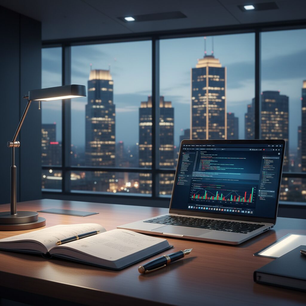 都会の夜景が見える高級感のあるオフィスデスクの様子