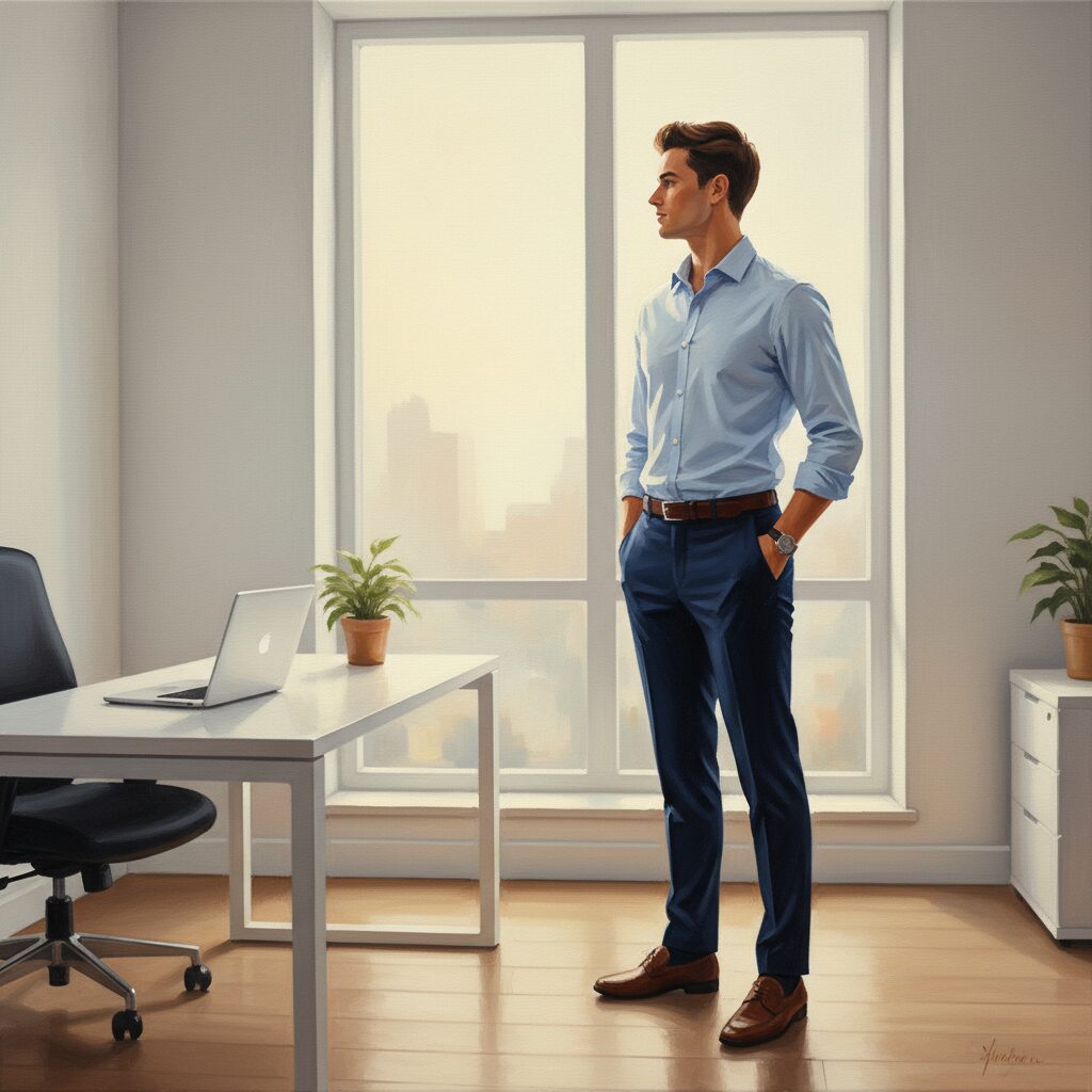 明るいオフィスで窓の外を眺め、新たなキャリアに期待を膨らませる若手ビジネスパーソンのイメージ。朝日が差し込み、清潔感と希望に満ちた雰囲気。