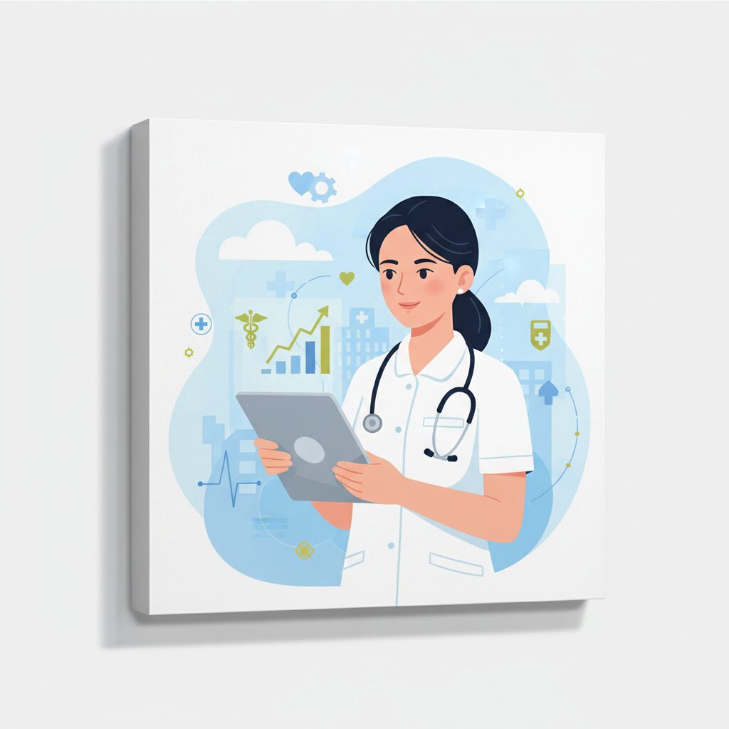 A professional nurse looking at a digital tablet with medical icons and career growth symbols in a bright, modern office setting.