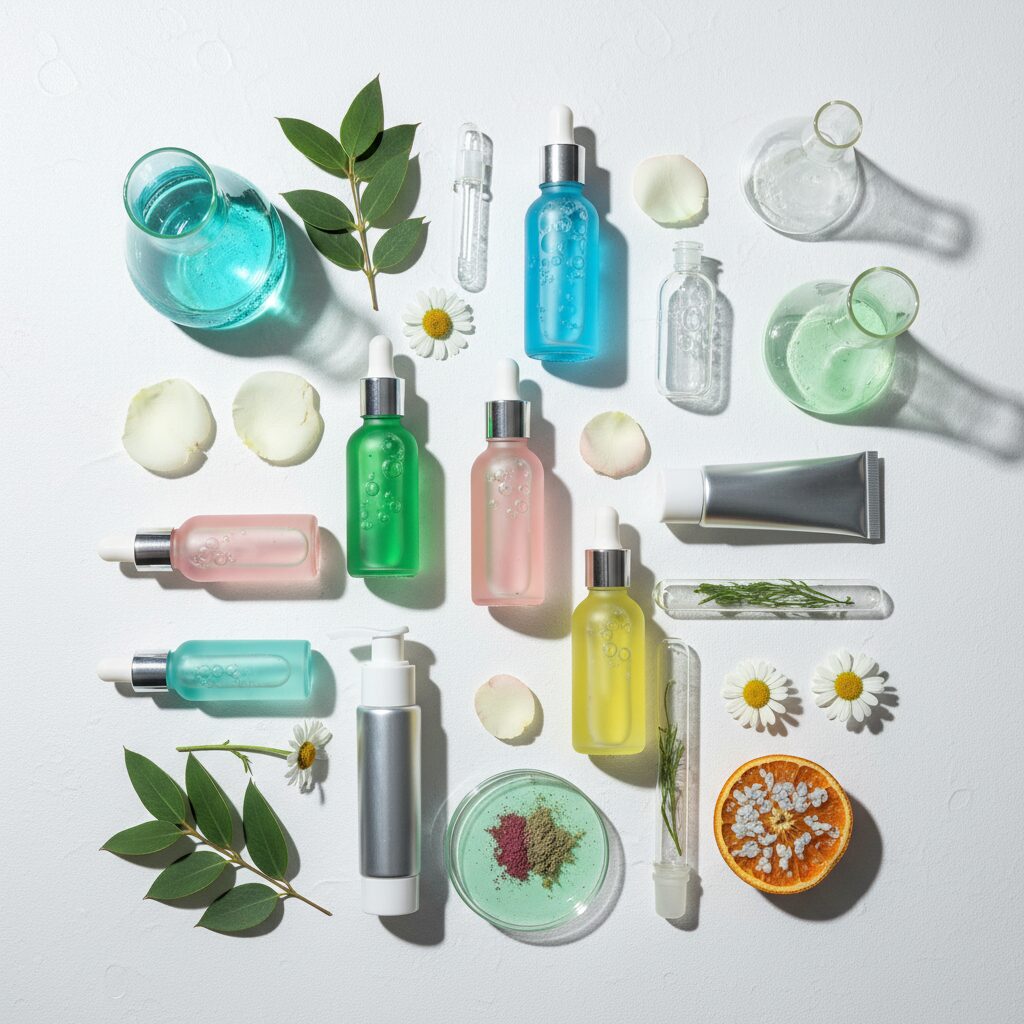 清潔な実験室風の背景に並べられた化粧品ボトルと化学式のイメージ