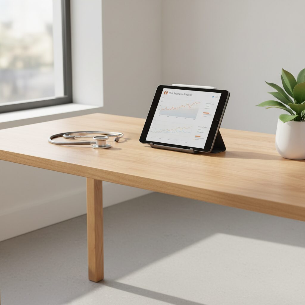 薄毛治療の費用相場をイメージした、清潔感のある医療デスクとヘアケアのグラフ。