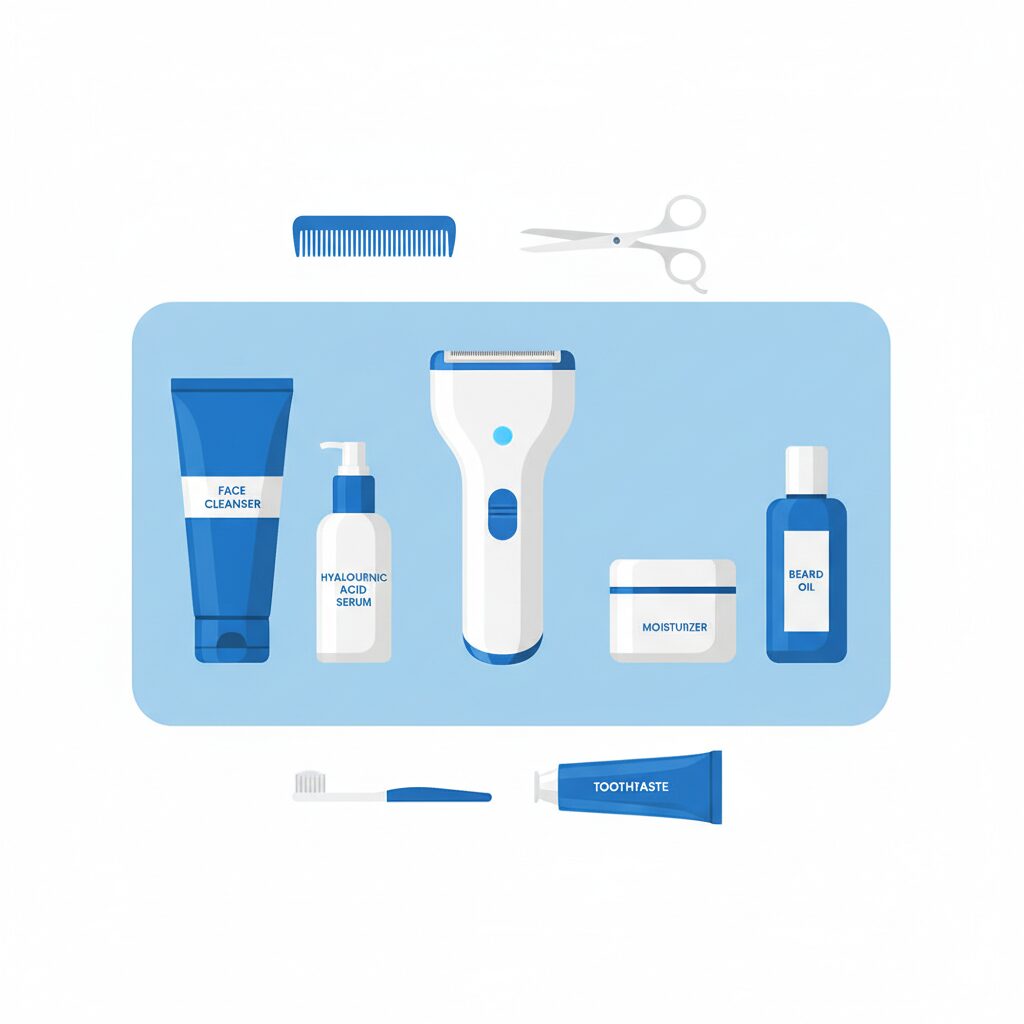 Minimalist grooming kit and laser hair removal equipment on a clean blue background.