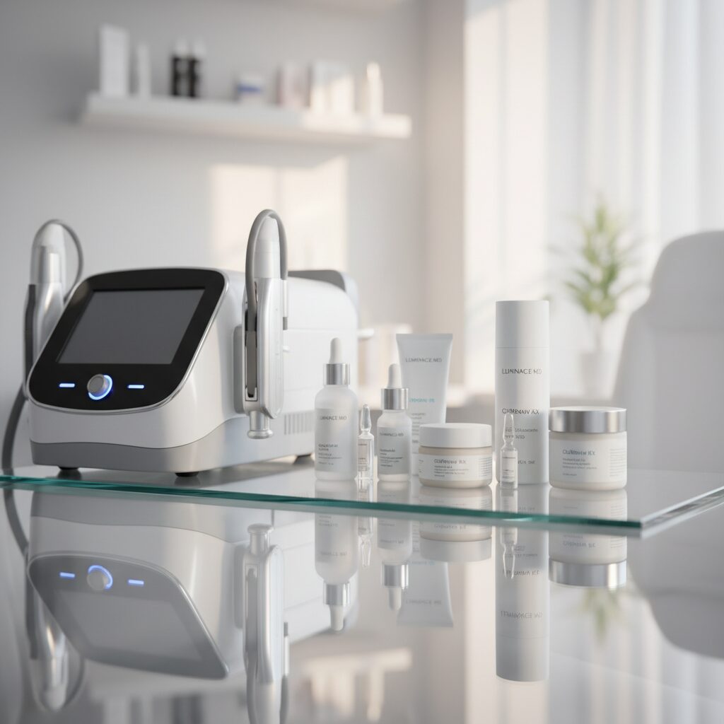 美容皮膚科でのシミ取りレーザー治療をイメージした清潔感のある医療機器とスキンケア用品の画像