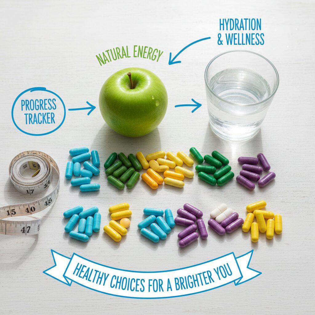 ダイエットサプリの錠剤、メジャー、水、りんごが置かれた健康的なテーブル風景