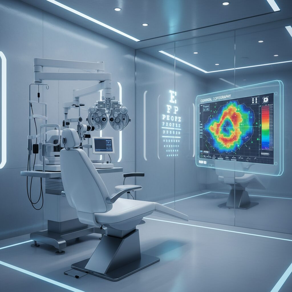 Modern ophthalmic clinic with advanced laser equipment and a vision chart representing LASIK surgery cost comparison.