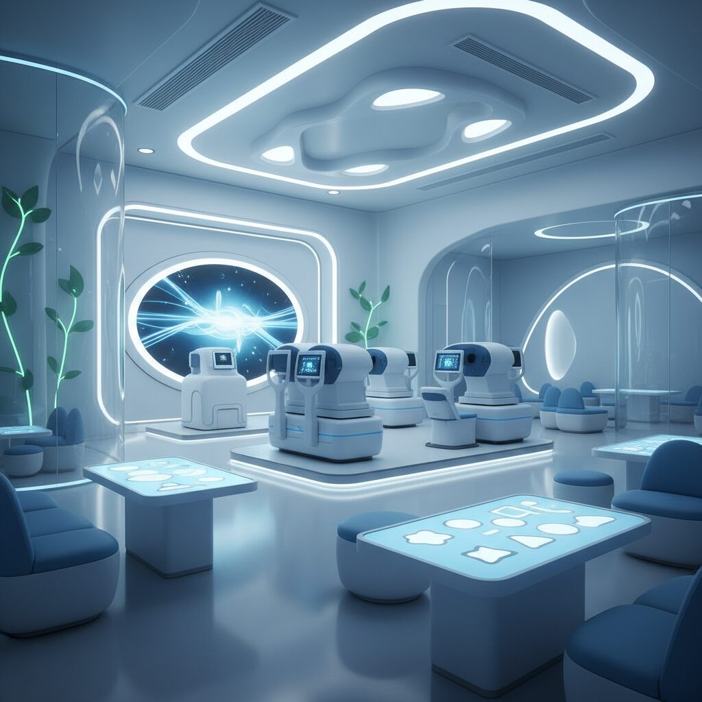 子供の近視進行を抑制するための最新治療法を象徴する、先進的な眼科医療のイメージ。清潔感のあるクリニックと目の健康を守る技術が表現されている。