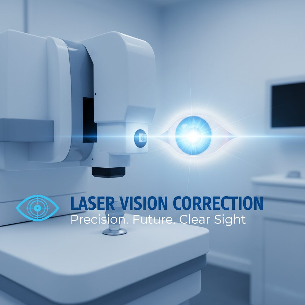 A futuristic eye surgery clinic with advanced medical equipment and a glowing human eye model representing presbyopia correction.