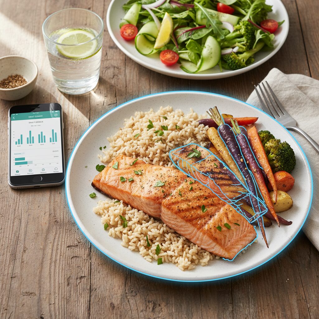 栄養バランスの取れた健康的な食事と、血糖値を管理するスマートフォンのイメージ