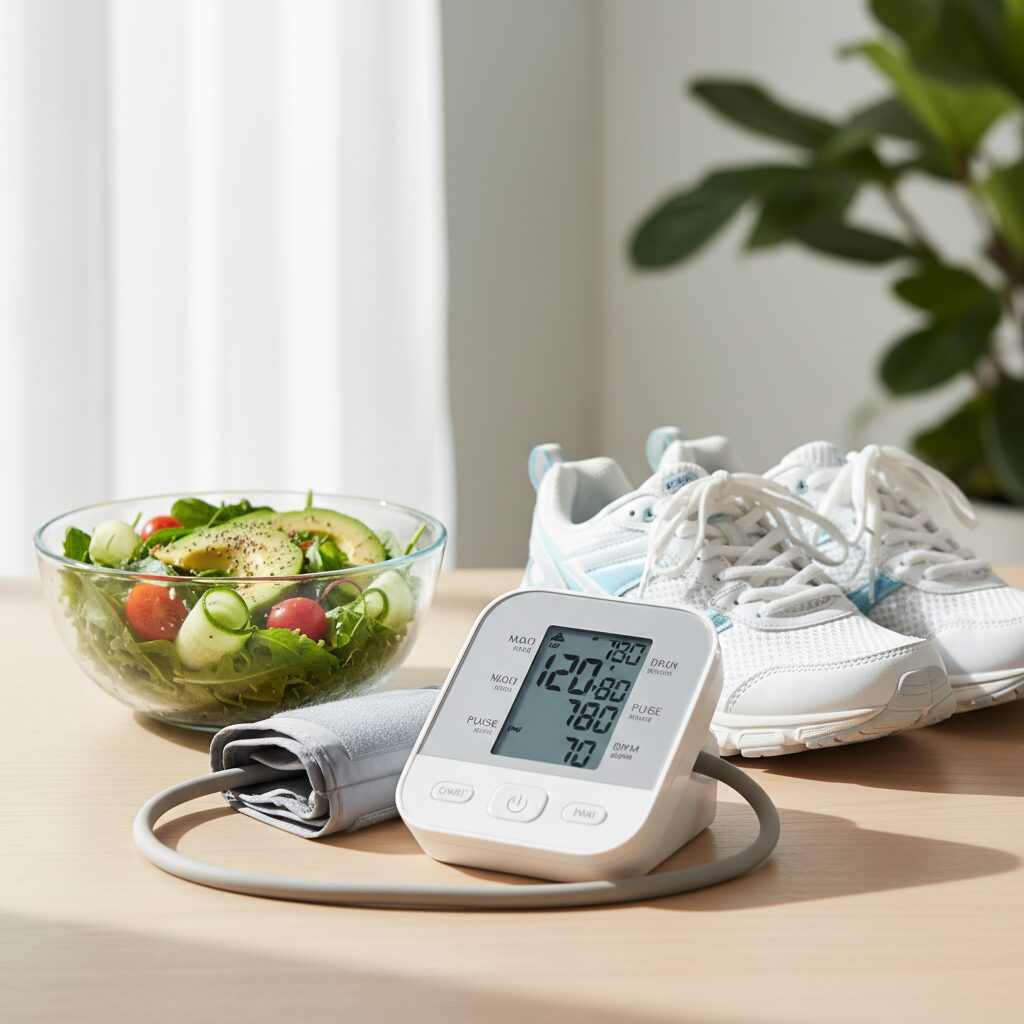 血圧計、健康的なサラダ、ウォーキングシューズが並ぶ健康的なライフスタイルのイメージ画像