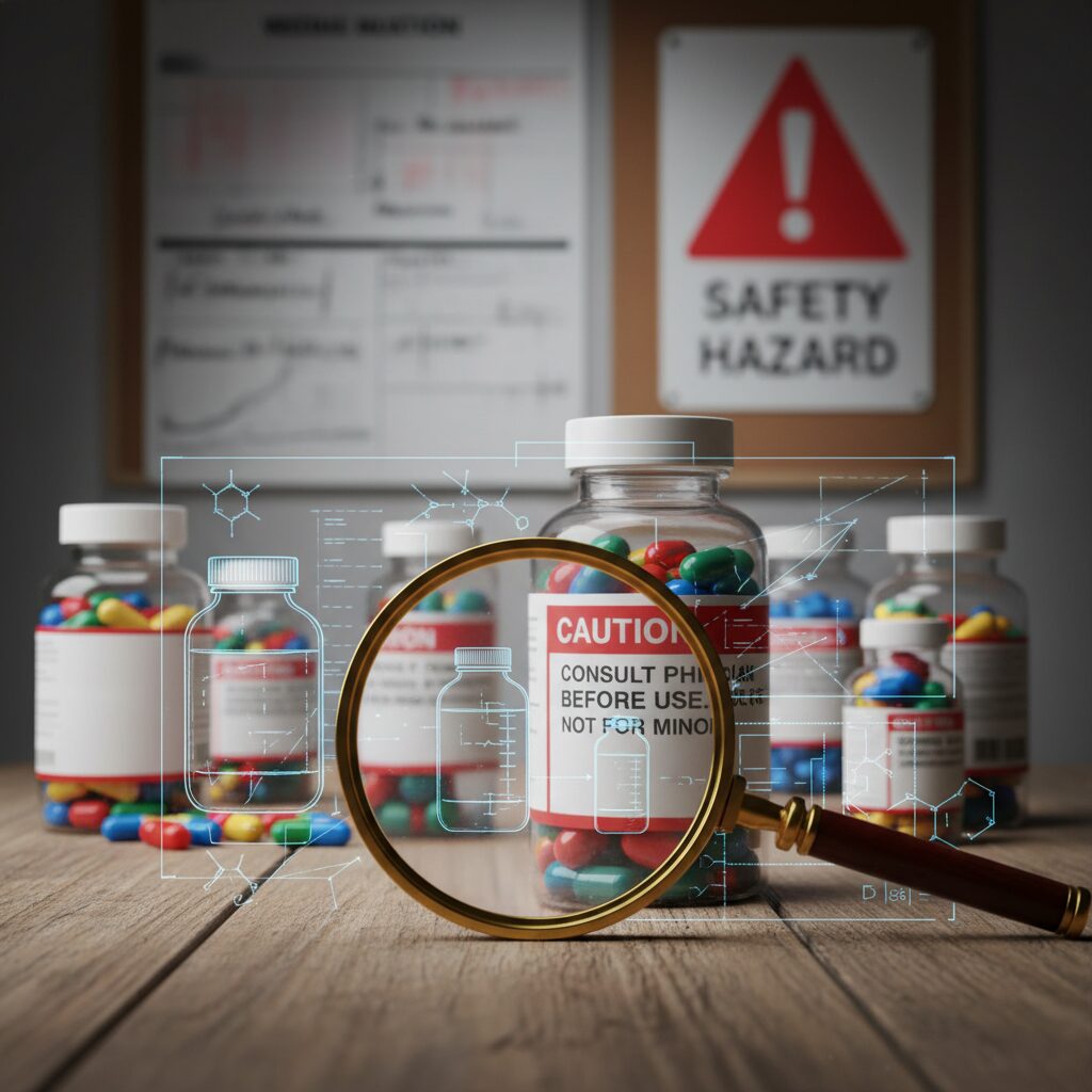 A magnifying glass inspecting supplement bottles with warning signs and scientific charts.