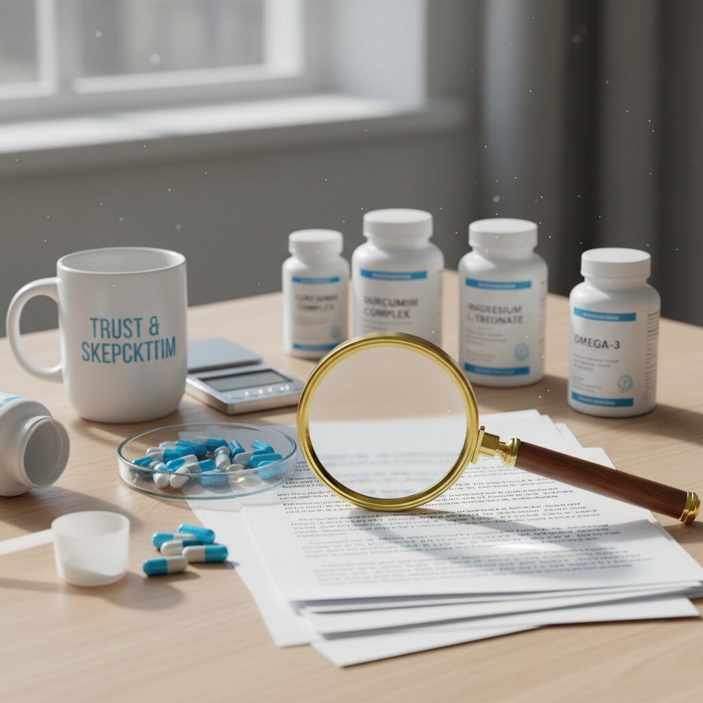Scientific research papers on supplements and various vitamin capsules on a desk, representing the skepticism and verification of efficacy.