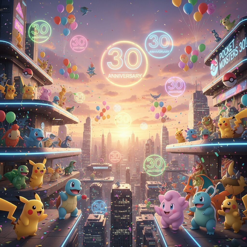 ポケモン30周年を祝う華やかな都市とポケモンのイメージ画像