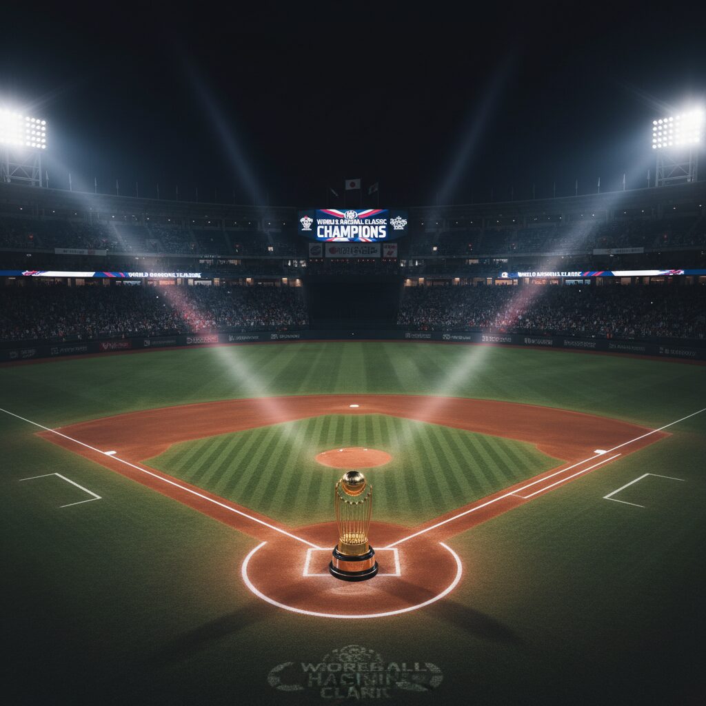 2026年WBCの舞台となる夜の野球スタジアムと勝利を象徴するトロフィーのイメージ