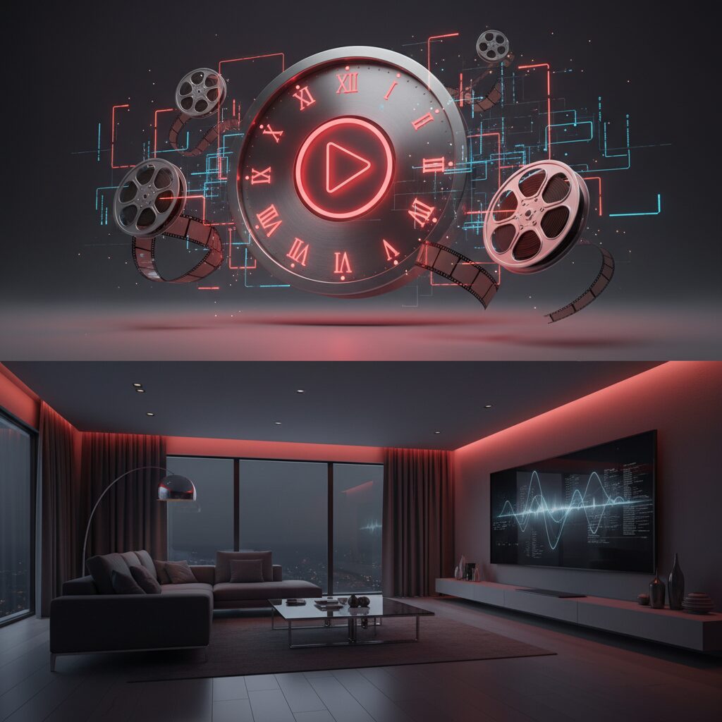 Clock showing a delay in a stylized Netflix-themed living room environment, representing streaming postponements.