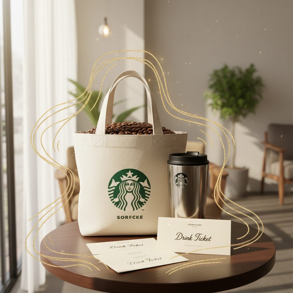 スターバックス2026年福袋のトートバッグと限定タンブラー、コーヒー豆が並んだおしゃれなカフェ風景