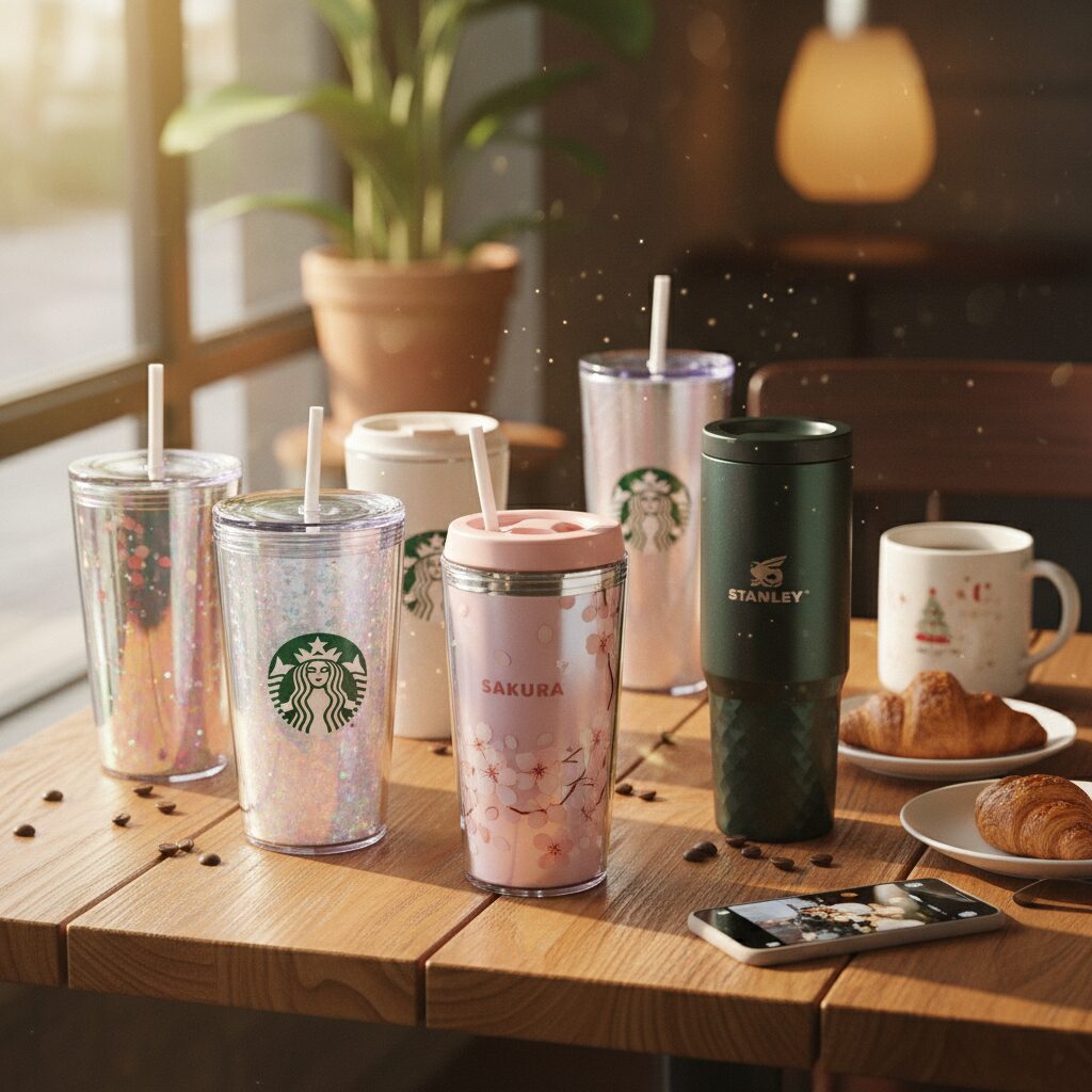 スターバックスの様々な限定タンブラーがカフェのテーブルに並んでいる様子