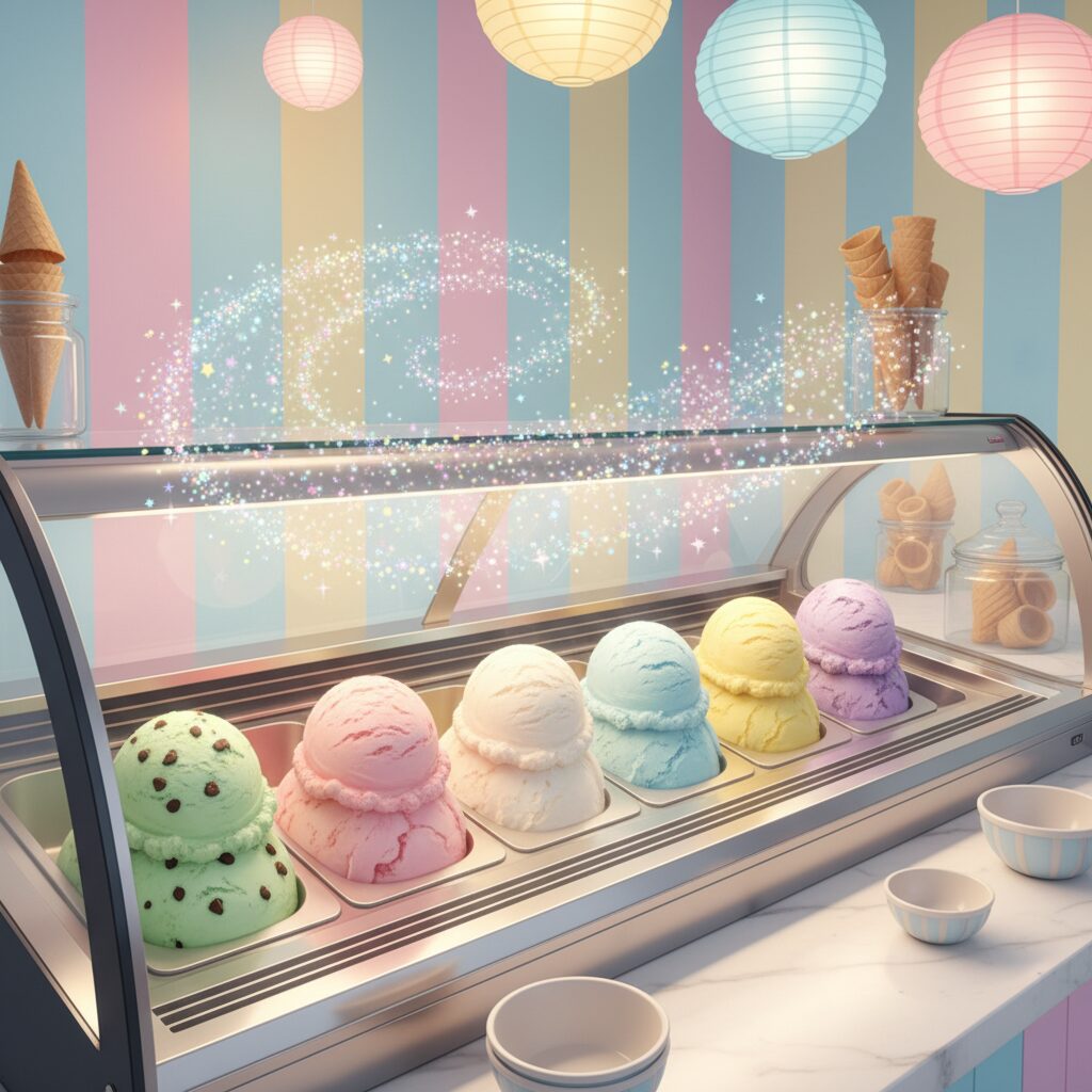 色とりどりのサーティワンアイスクリームが並ぶ明るい店内の様子