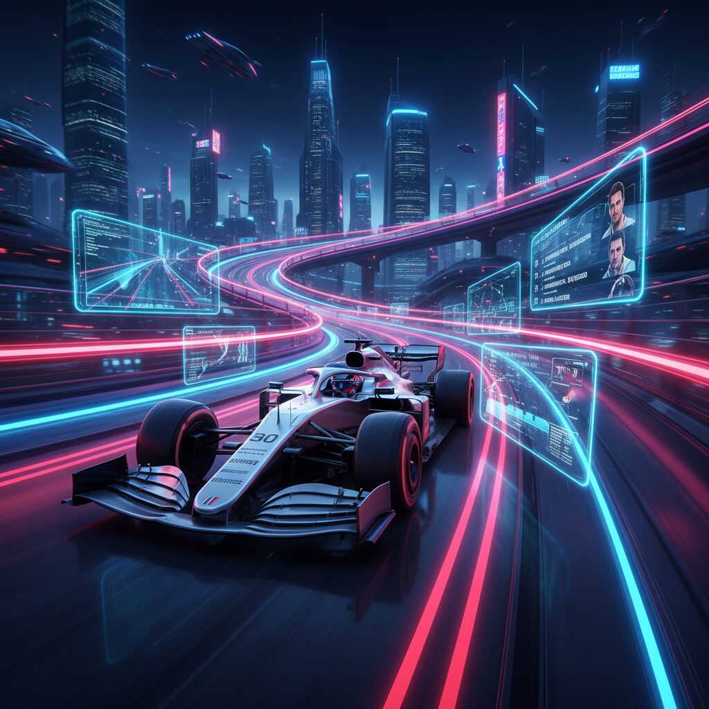 F1マシンの走行とマルチモニターに表示されるテレメトリデータのイメージ画像