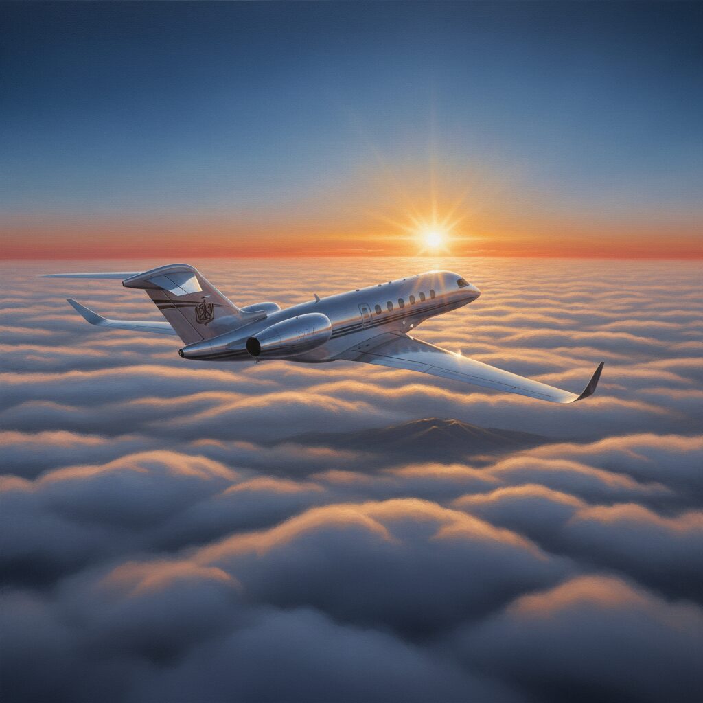 夕暮れの雲海を飛ぶ豪華なプライベートジェットの風景