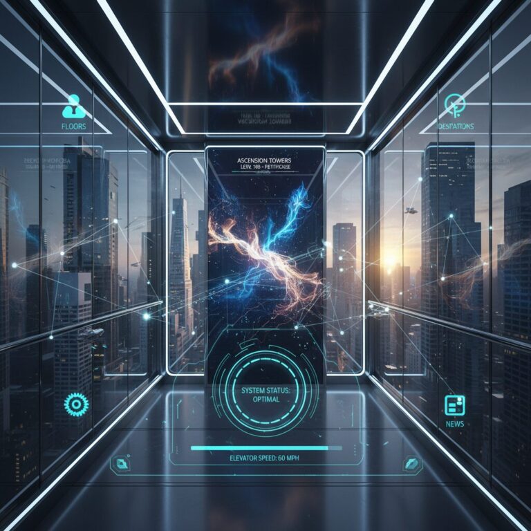 東芝エレベーターの最新機種SPACELのスタイリッシュな内部イメージとデジタルサイネージのディスプレイが光る現代的な昇降機空間。