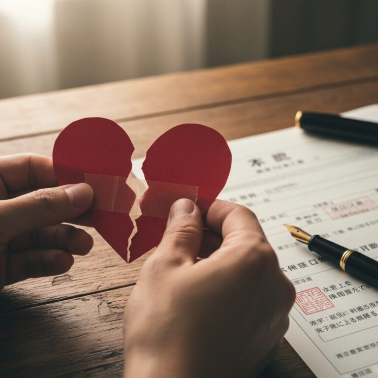 破かれたハートの紙をテープで繋ぎ合わせようとする様子と離婚届の書類イメージ