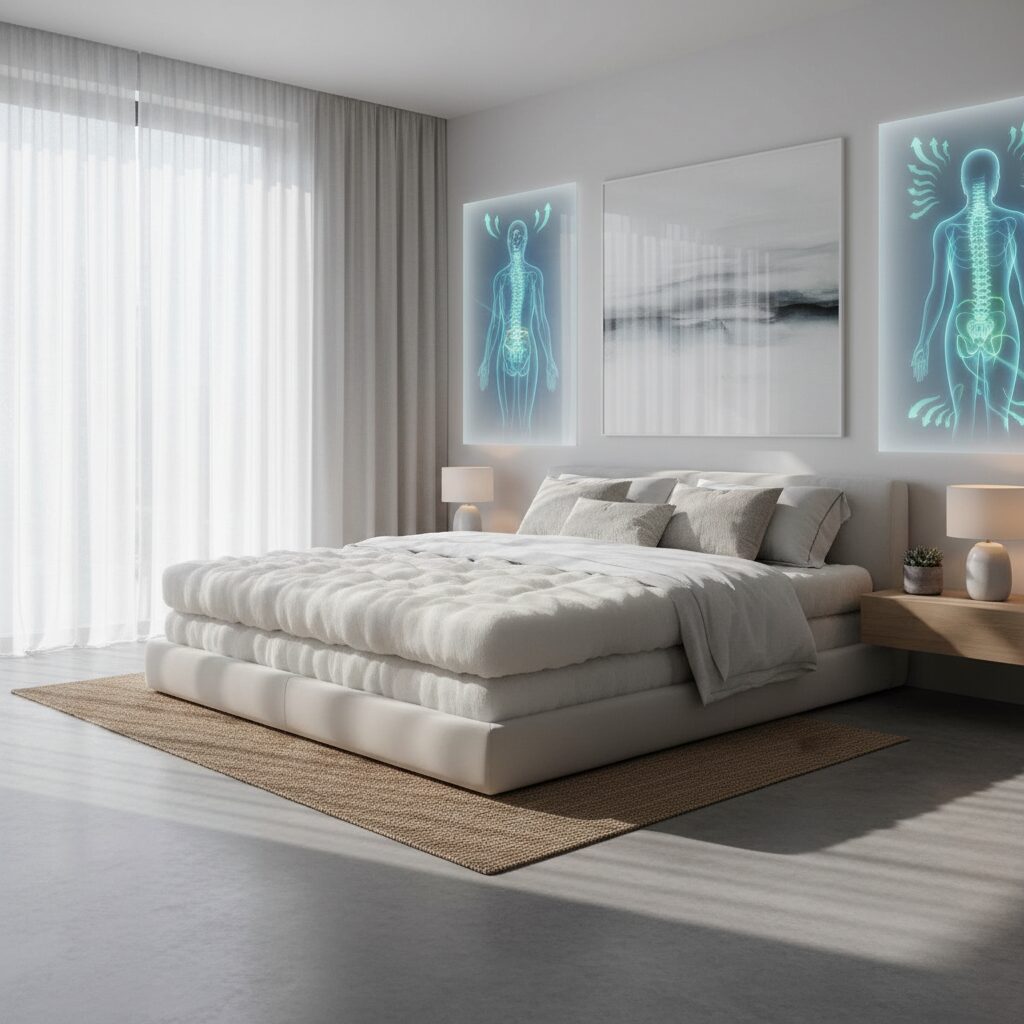 清潔感のある明るい寝室に置かれたエアウィーヴのマットレスと、快適な睡眠をイメージさせる光の演出