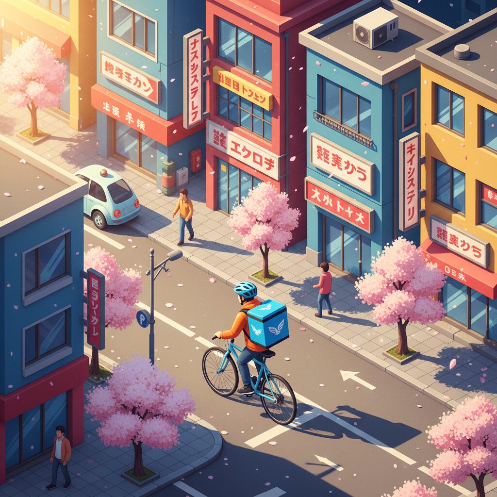 Woltのデリバリーバッグを背負って日本の街を走る配達員のイラスト