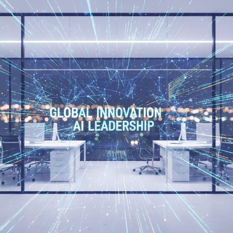 A professional atmosphere depicting a futuristic office with digital overlays representing AI and global connections.