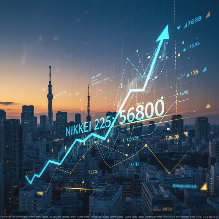 日経平均株価が5万8000円を突破し、上昇を続けるチャートと東京の街並みのイメージ